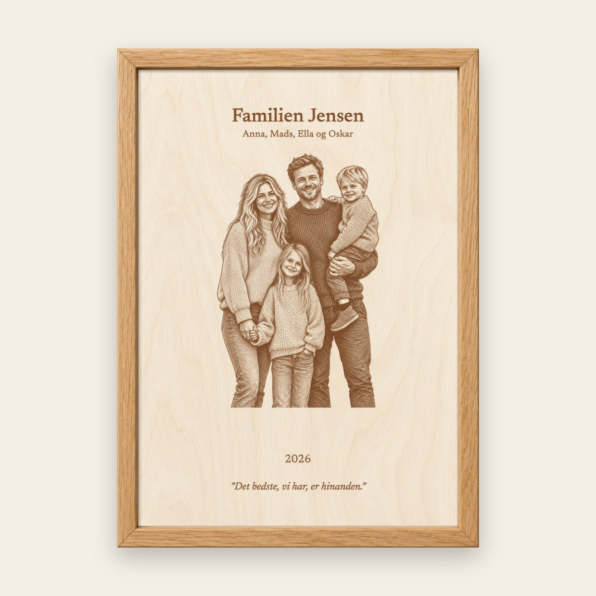 Familieplakat i træ i egeramme, eksempel