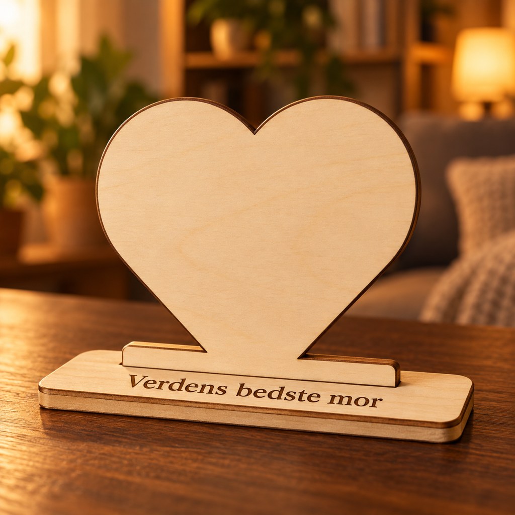 Træfigur hjerte i birk på fod med graveret tekst: Verdens bedste mor