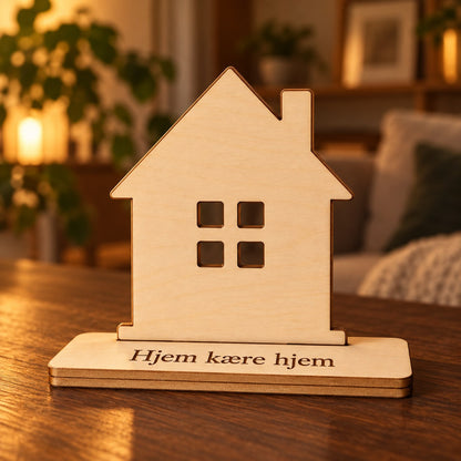 Træfigur hus i birk på fod med graveret tekst: Hjem kære hjem