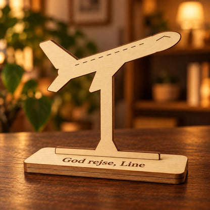 Træfigur fly i birk på fod med graveret tekst: God rejse, Line
