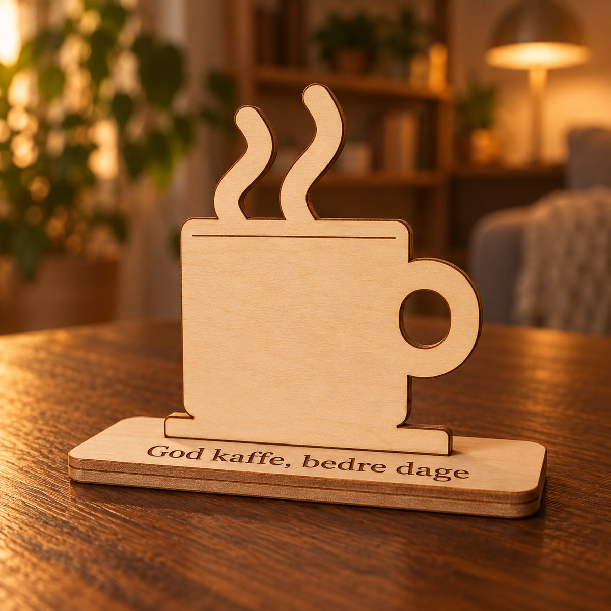 Træfigur kaffekop i birk på fod med graveret tekst: God kaffe, bedre dage