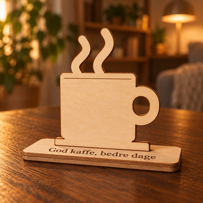Træfigur kaffekop i birk på fod med graveret tekst: God kaffe, bedre dage